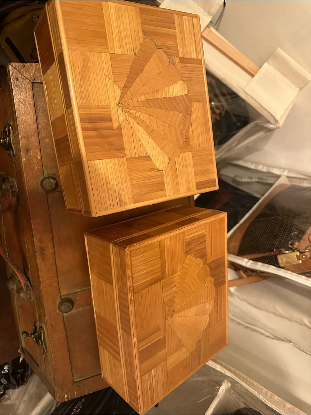 Vintage Bamboo Inlay Decorative Storage Boxes - Set of 2